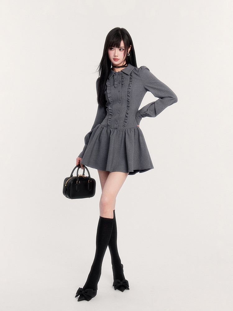 Bowknot Slim Long Sleeve Gray Shirt Dress VOC0255