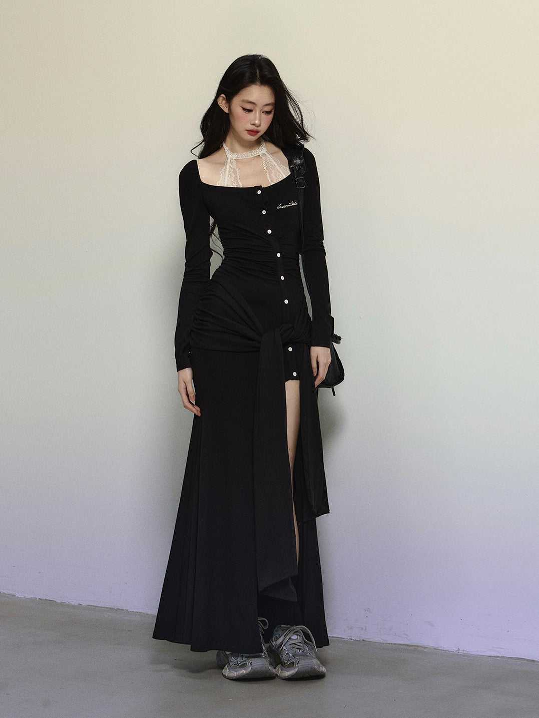 Fake Two-piece Knitted Slit Long Dress DIA0301