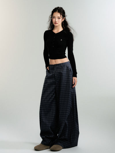 Checked wide-leg casual straight pants LUL0090