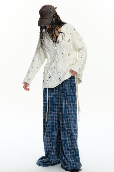 Loose Wide-leg Blue Gradient Plaid Pants WES0200