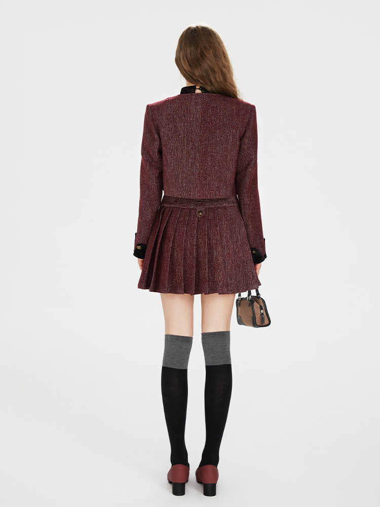 No Collar Wine Red Wool Button Jacket & Wool Pleated Jumperskirt BOH0071