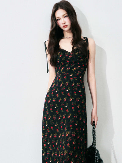Retro Floral Lace-up Dress LUL0133