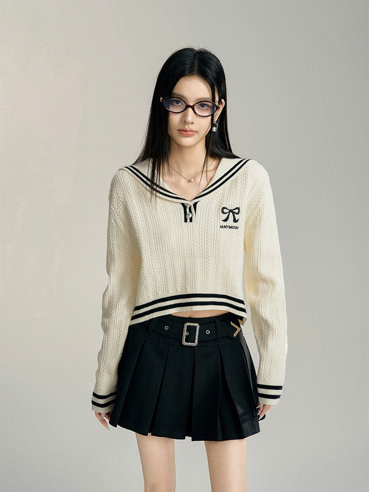 Large Lapel Short Cable Knit Sweater MAC0089