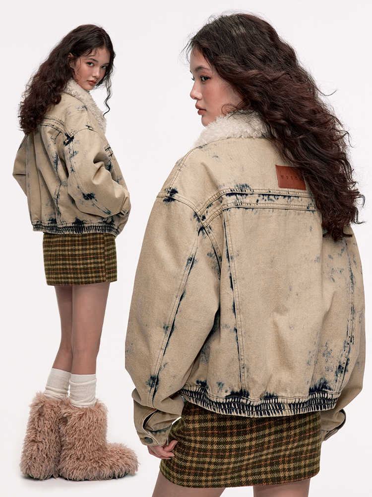 Fur Collar Hem Gathered Denim Loose Jacket WOO0128