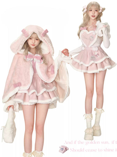 Strawberry Curly Short Strap Cake Dress/White Sweater/Rabbit Ear Cape SER0100