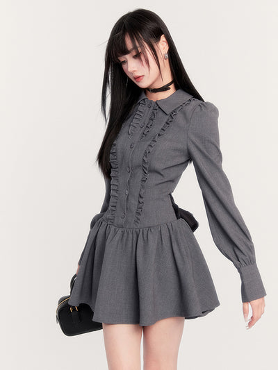 Bowknot Slim Long Sleeve Gray Shirt Dress VOC0255