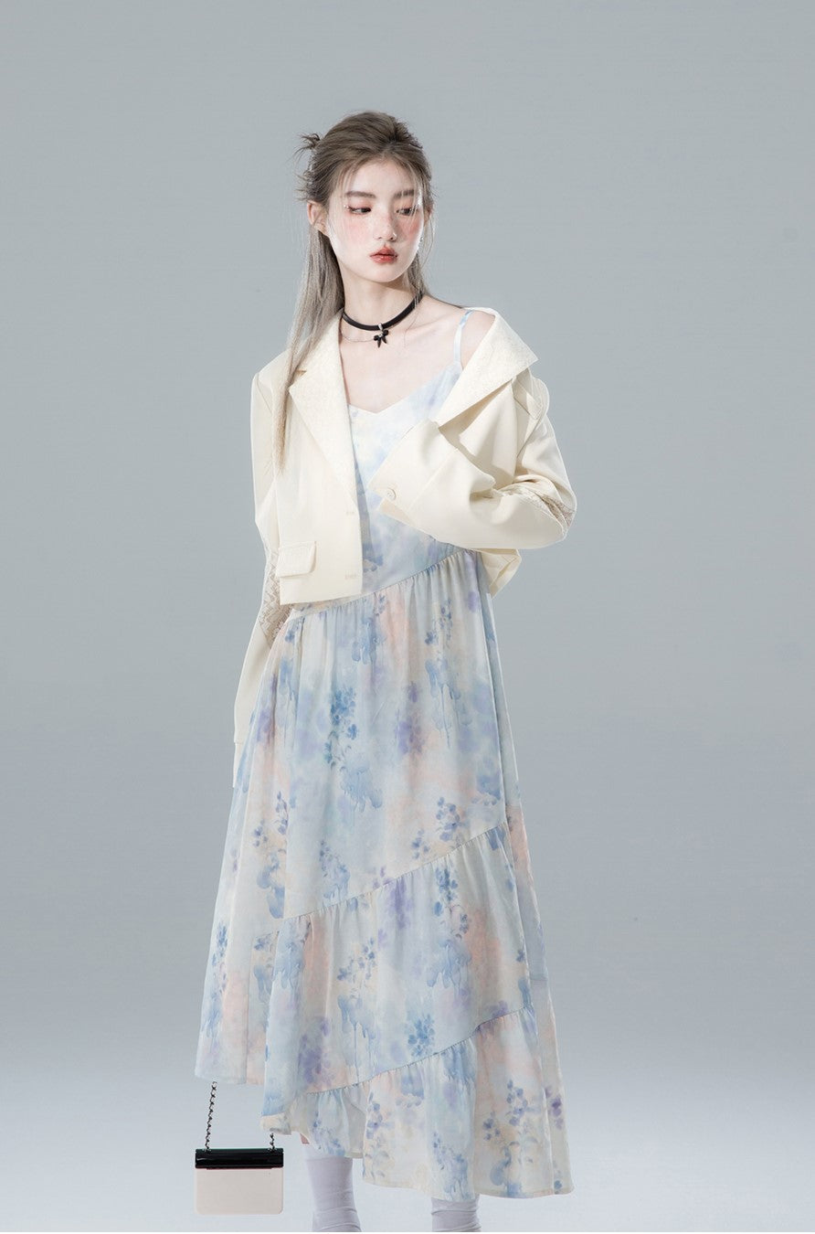 Watercolor Blue Flower Drape Print Suspender Dress COT0146