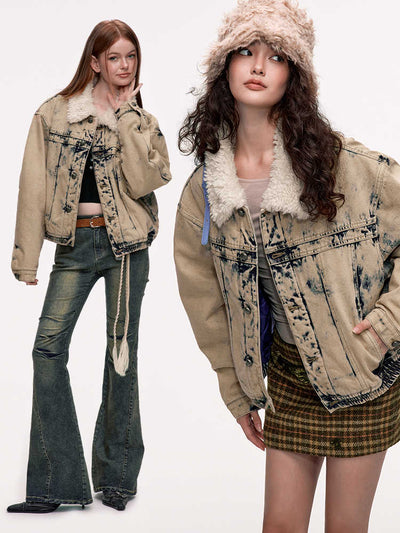 Fur Collar Hem Gathered Denim Loose Jacket WOO0128