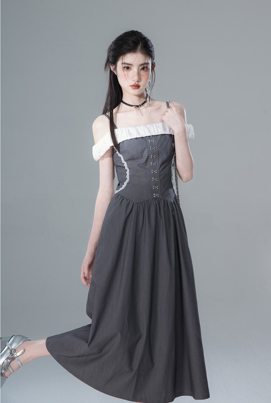 Gray High-end One-shoulder Contrasting Design Waist Dress COT0139