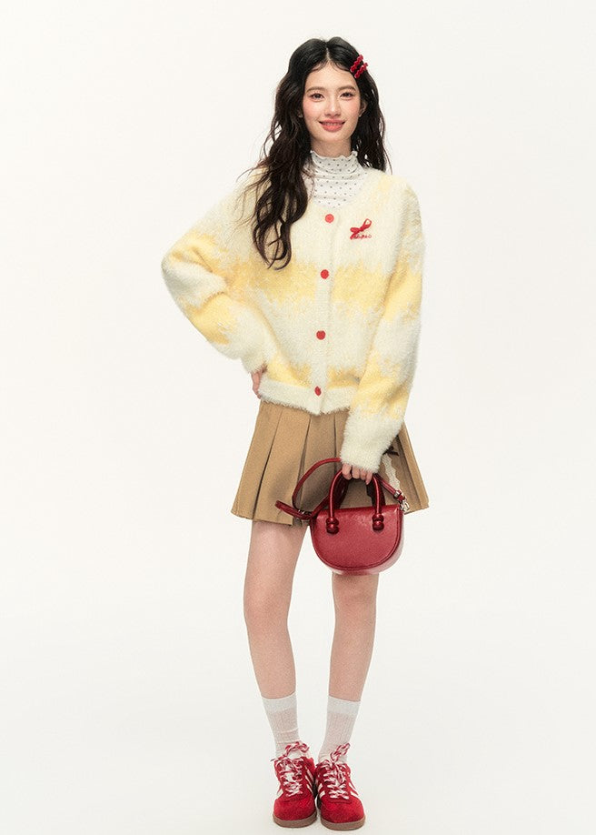 Bowknot Cream Yellow Long Hair Gradient Stripes Lazy Style Sweater Cardigan NTO0136