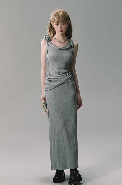 Gray Three-dimensional Flower Sculpture Long Dress OAK0238