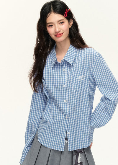 Multi-color Straight Shoulder Plaid Bow Embroidery Long-sleeved Shirt NTO0119