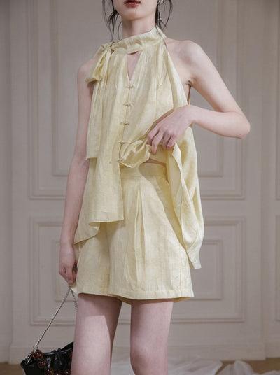 Light Yellow Halter Neck Shirt/Shorts COT0126