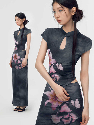 China Style Retro Print Back Open Top & Slit Long Skirt WOO0105