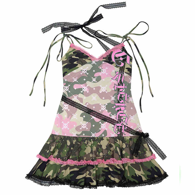 Ribbon Shoulder Strap Skeleton & Camouflage Pattern Dress CFI0037