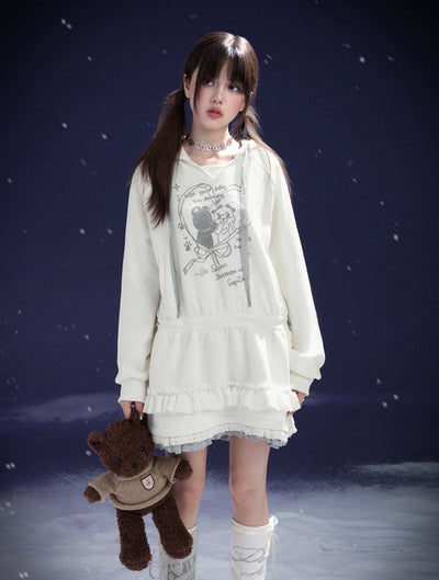 White Casual Cute Hooded Sweatshirt Dress SAG0212