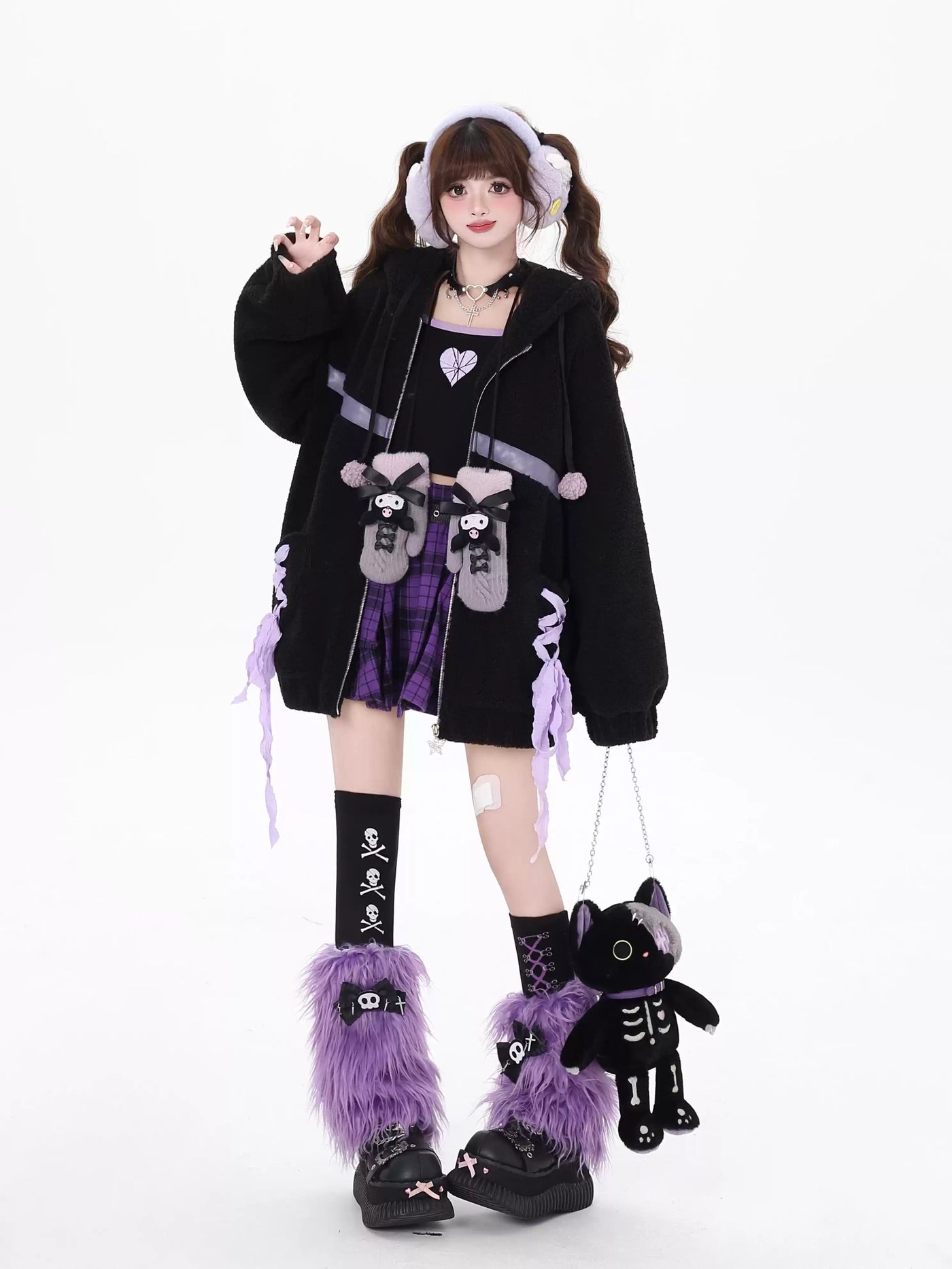 Purple ribbon design thick cotton loose jacket with bear ears hood CRA0089