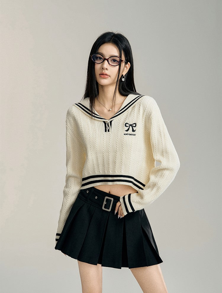 Large Lapel Short Cable Knit Sweater MAC0089