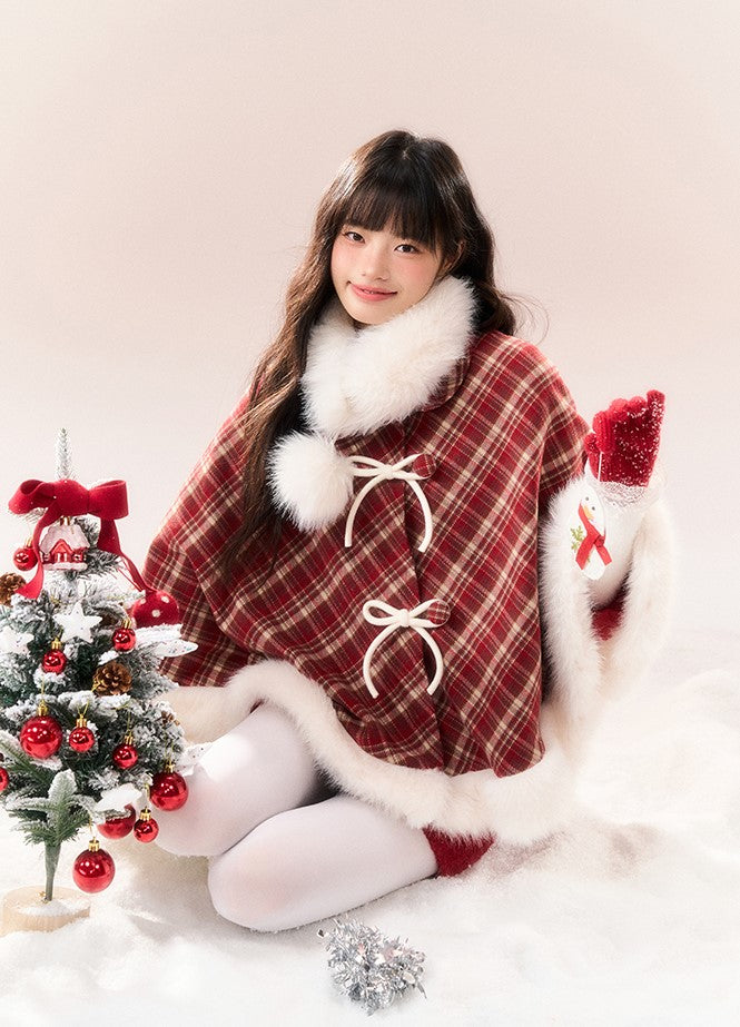 Red Checkered Bow Fur Collar Coat NTO0163