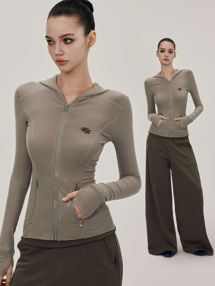 Slim Hoodie Top with Ribbed Knit Zip Design WOO0123