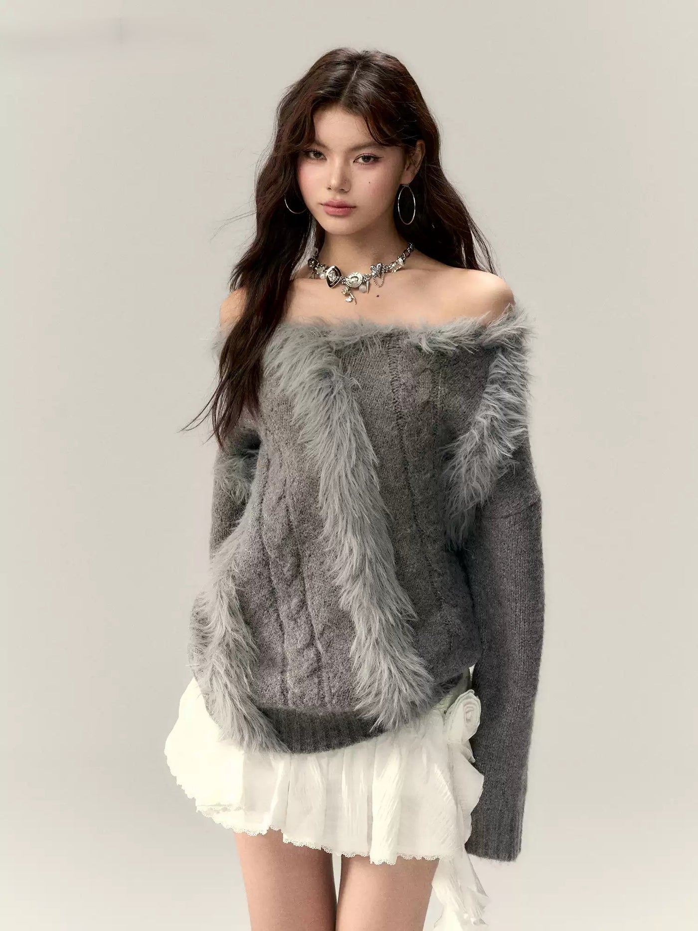 Fur Stitching One Shoulder Sweater VIA0206