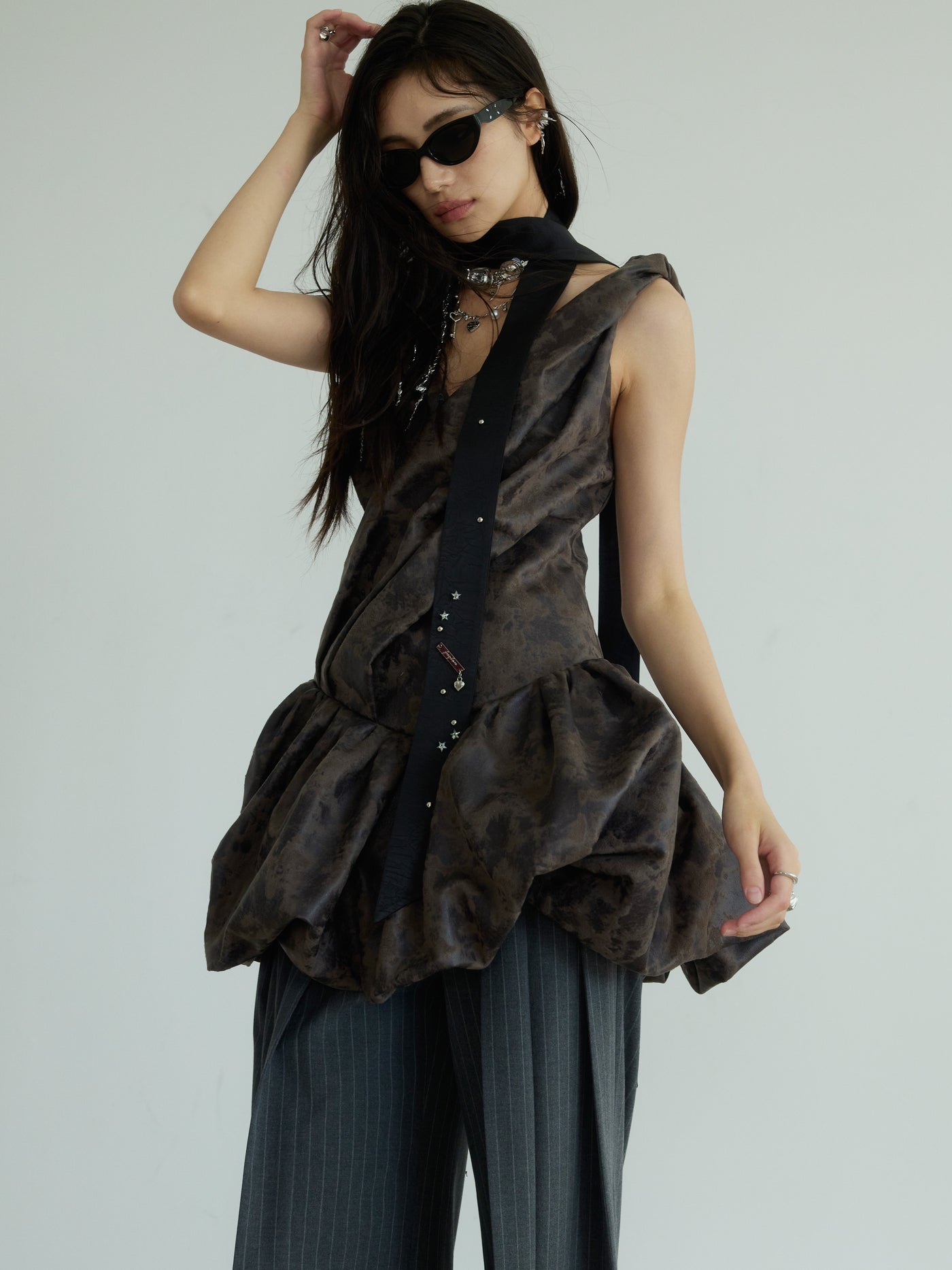 Distressed PU leather dark rock vest suspender skirt JNY0175