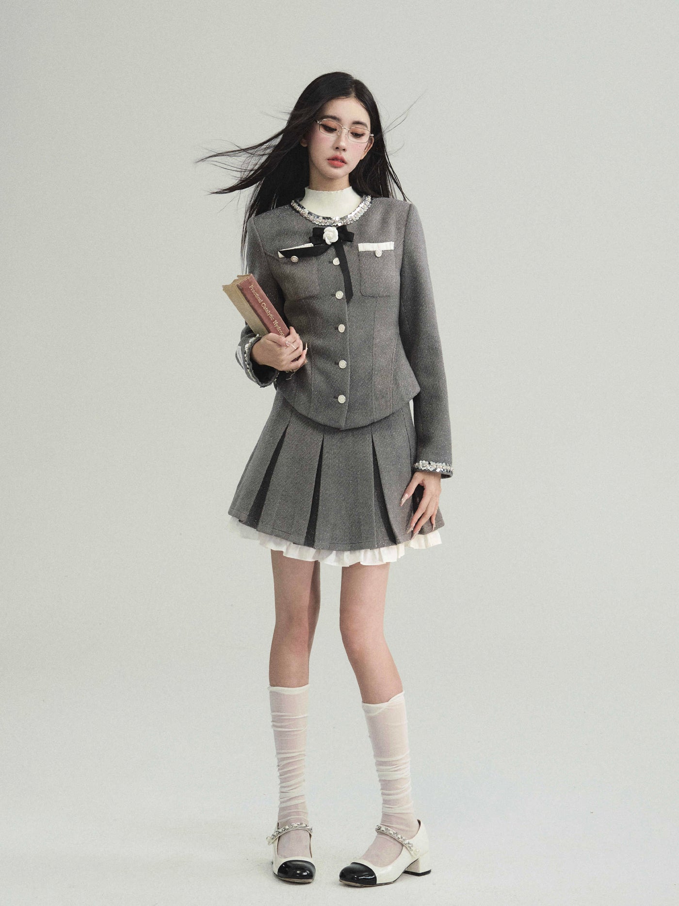 Sequined Round Collar Rose Motif Pocket Jacket & Layered College Style Pleated Skirt FRA0221