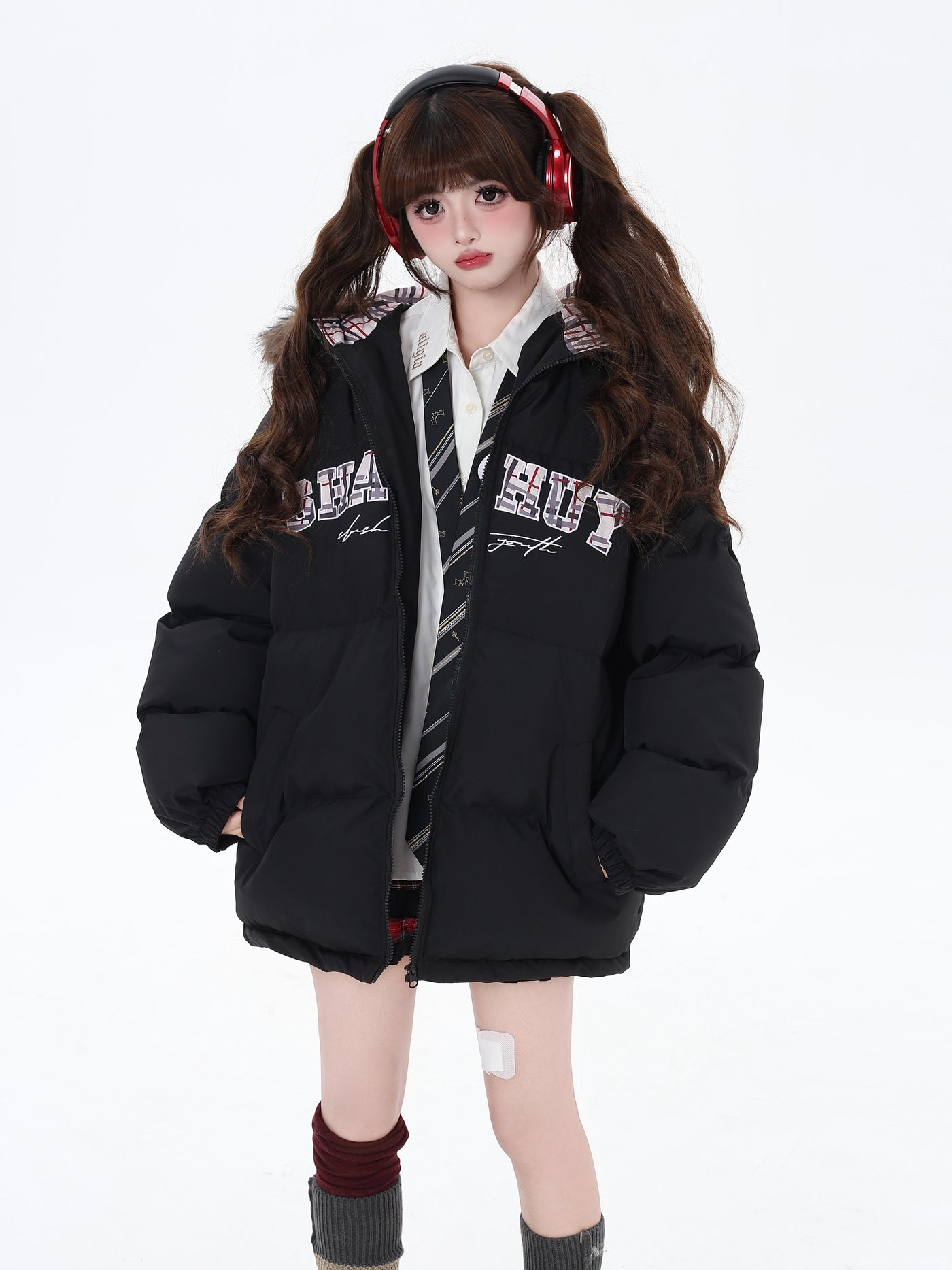 Letter Print Fur Hooded Loose Down Jacket CRA0085