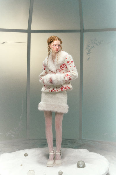 Gorgeous Fur Collar Fluffy Button Red Speckled Pattern Jacket and Skirt NAR0032