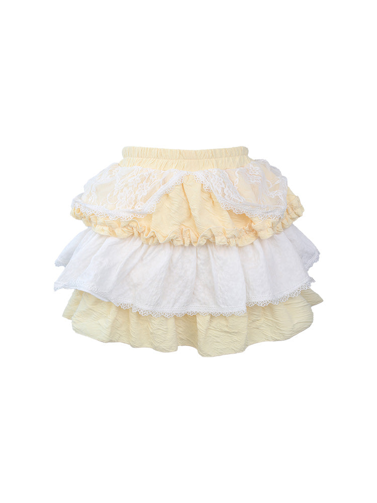 Square neck big bow ruffle girly top & yellow and white layered ruffle mini skirt SER0038