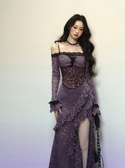 Purple Lace Leopard Print Long Dress DIA0316