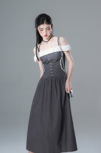 Gray High-end One-shoulder Contrasting Design Waist Dress COT0139