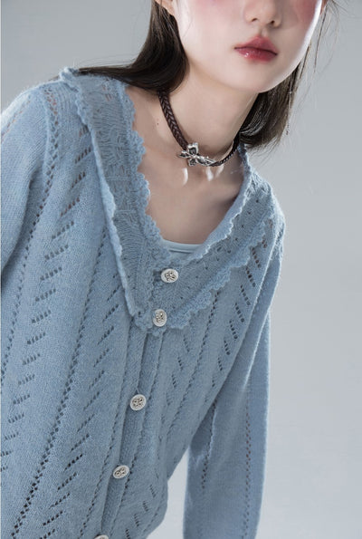 Salty Morning Mist Blue Crochet Mohair Cardigan COT0153