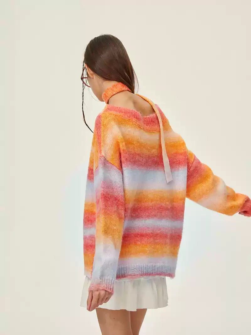 Rainbow Knitted Off-shoulder Lazy Sweater GIF0074