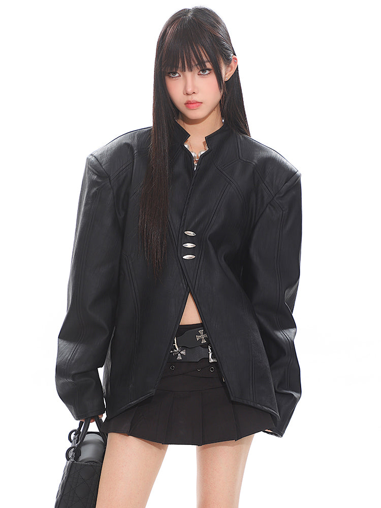 Leather Metal Button Classic Jacket UNC0232