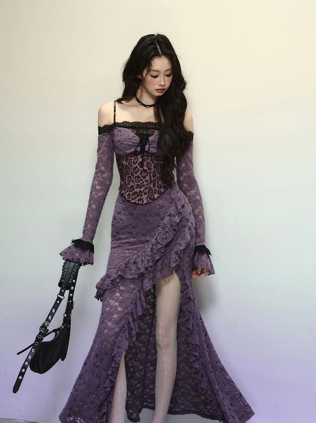 Purple Lace Leopard Print Long Dress DIA0316