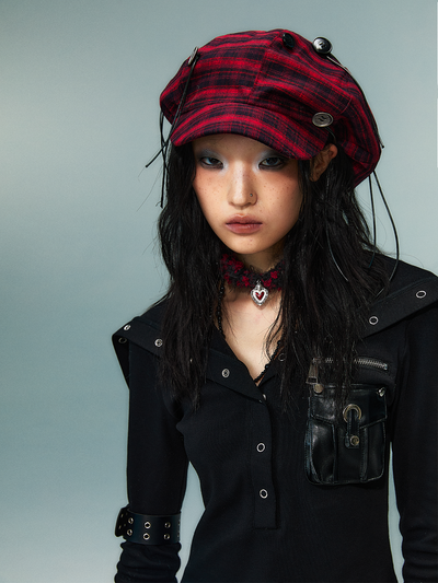 Button Red Plaid Cloud Beret FRU0087