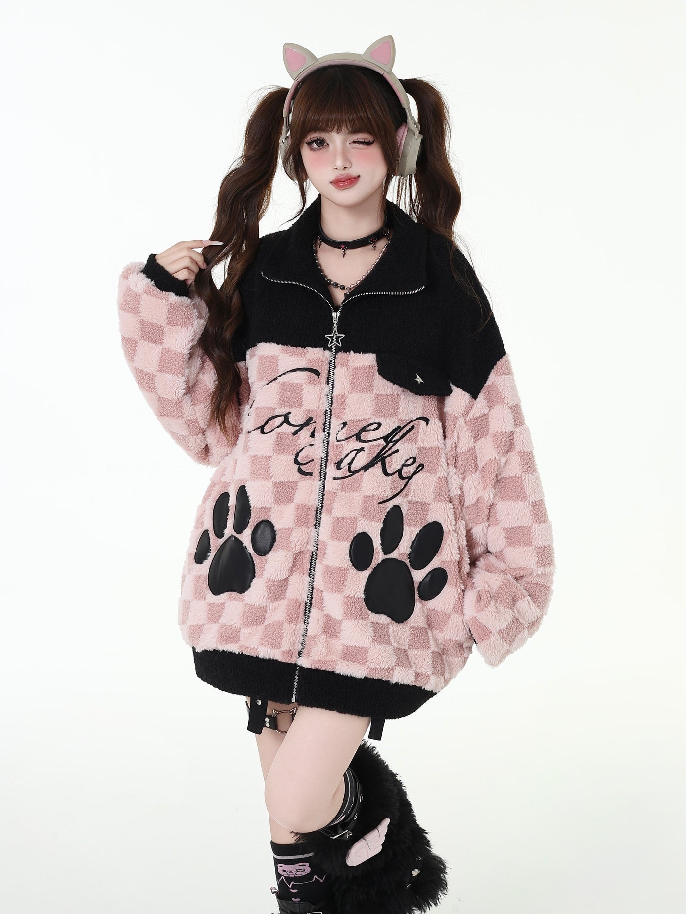 Paw Ball Design Stand Collar Loose Zip Jacket CRA0096