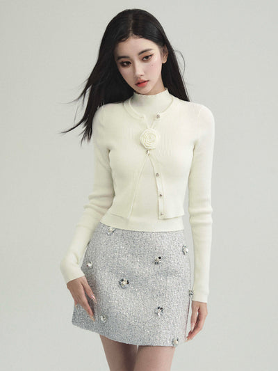 Rose Motif Elegant Button Slim Knit Cardigan & Knit Pleated Skirt & High Neck Sleeveless Knit Top FRA0211