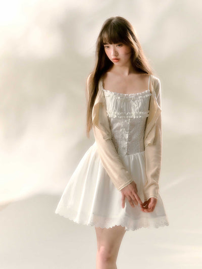 Pearl and ribbon design ruffle lace camisole girly dress & lace short rib cardigan REC0035