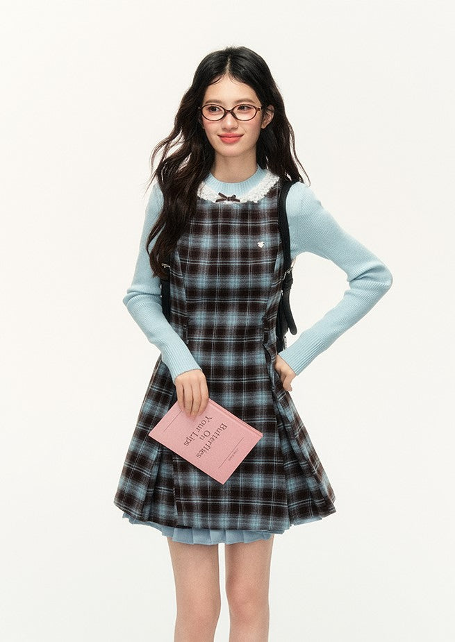 Retro Blue And Brown Plaid Sleeveless Slim A-line Dress NTO0139