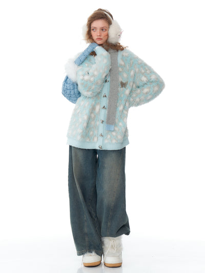 American Retro Blue Leopard Pattern Soft Knit Cardigan ZIZ0207