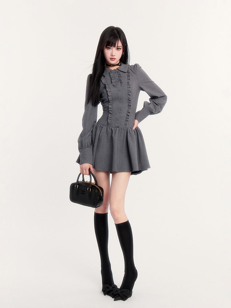 Bowknot Slim Long Sleeve Gray Shirt Dress VOC0255