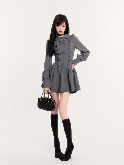 Bowknot Slim Long Sleeve Gray Shirt Dress VOC0255