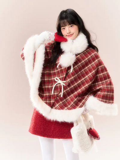 Red Checkered Bow Fur Collar Coat NTO0163