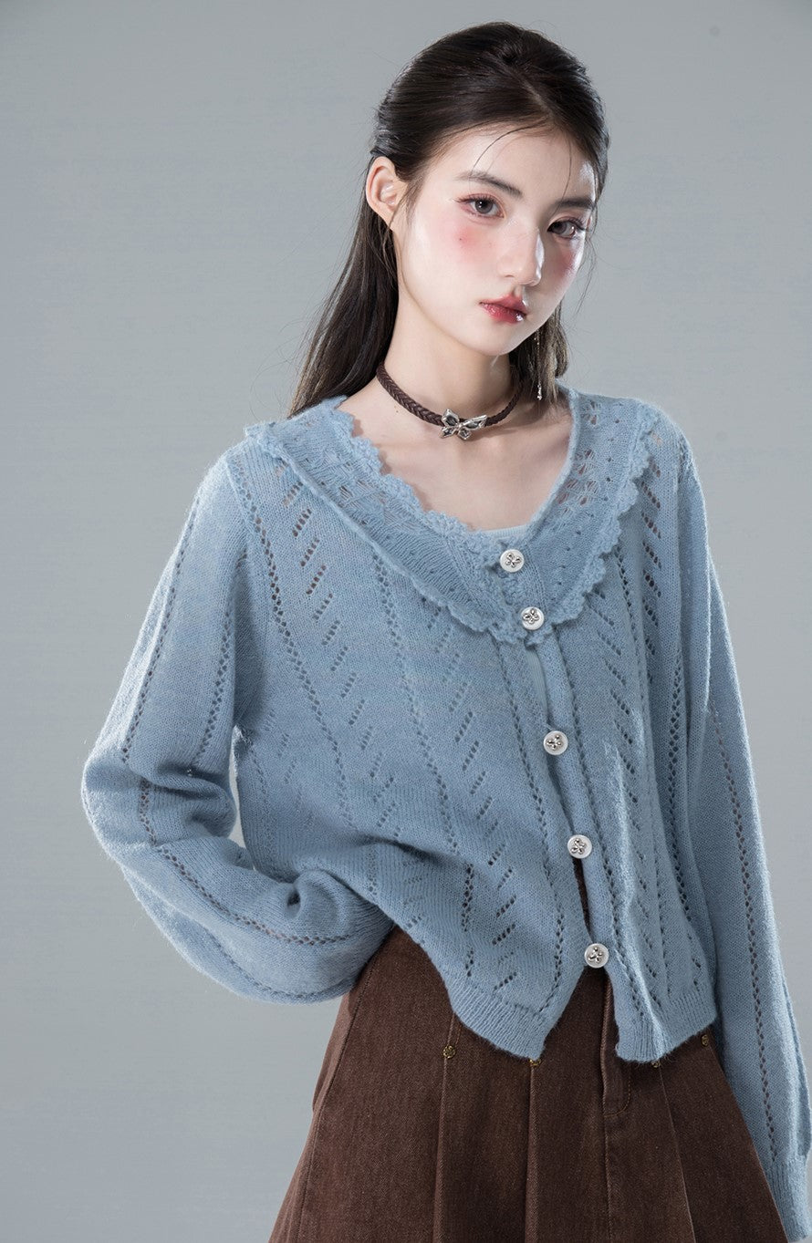 Salty Morning Mist Blue Crochet Mohair Cardigan COT0153