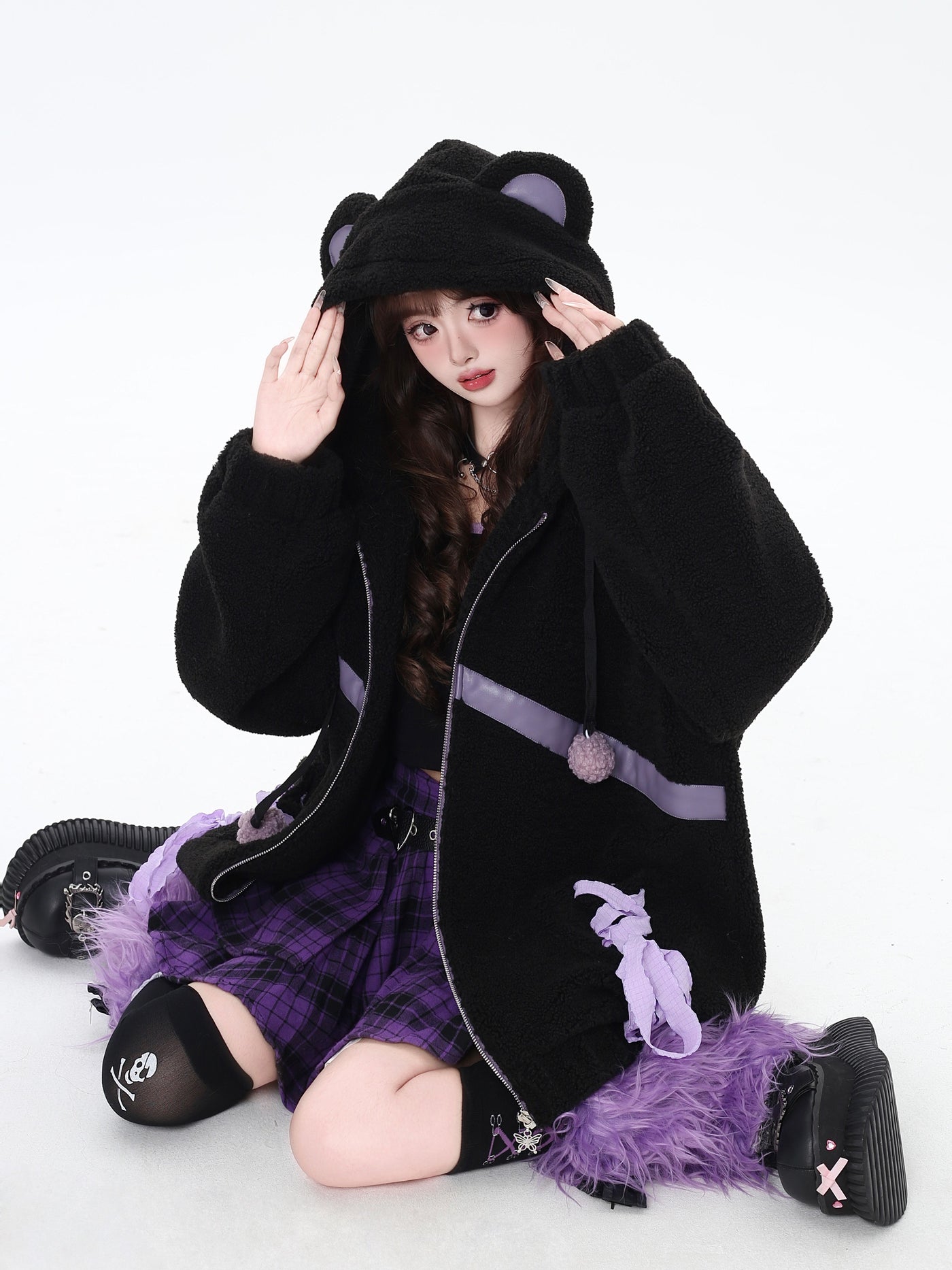 Purple ribbon design thick cotton loose jacket with bear ears hood CRA0089