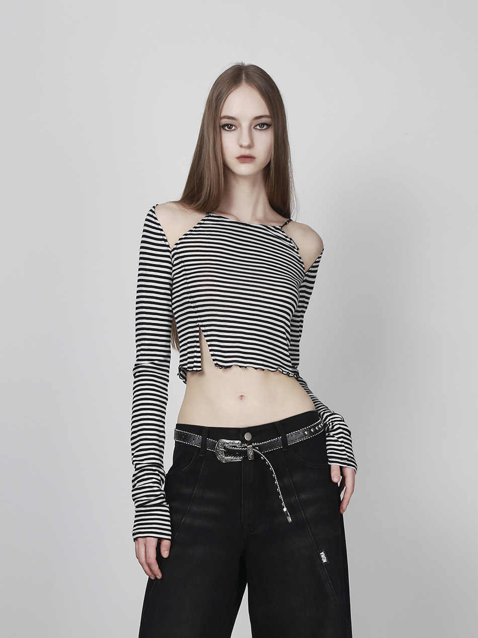 Black And White Striped Hollow Shoulder Strap Long-sleeved Top ANY0056