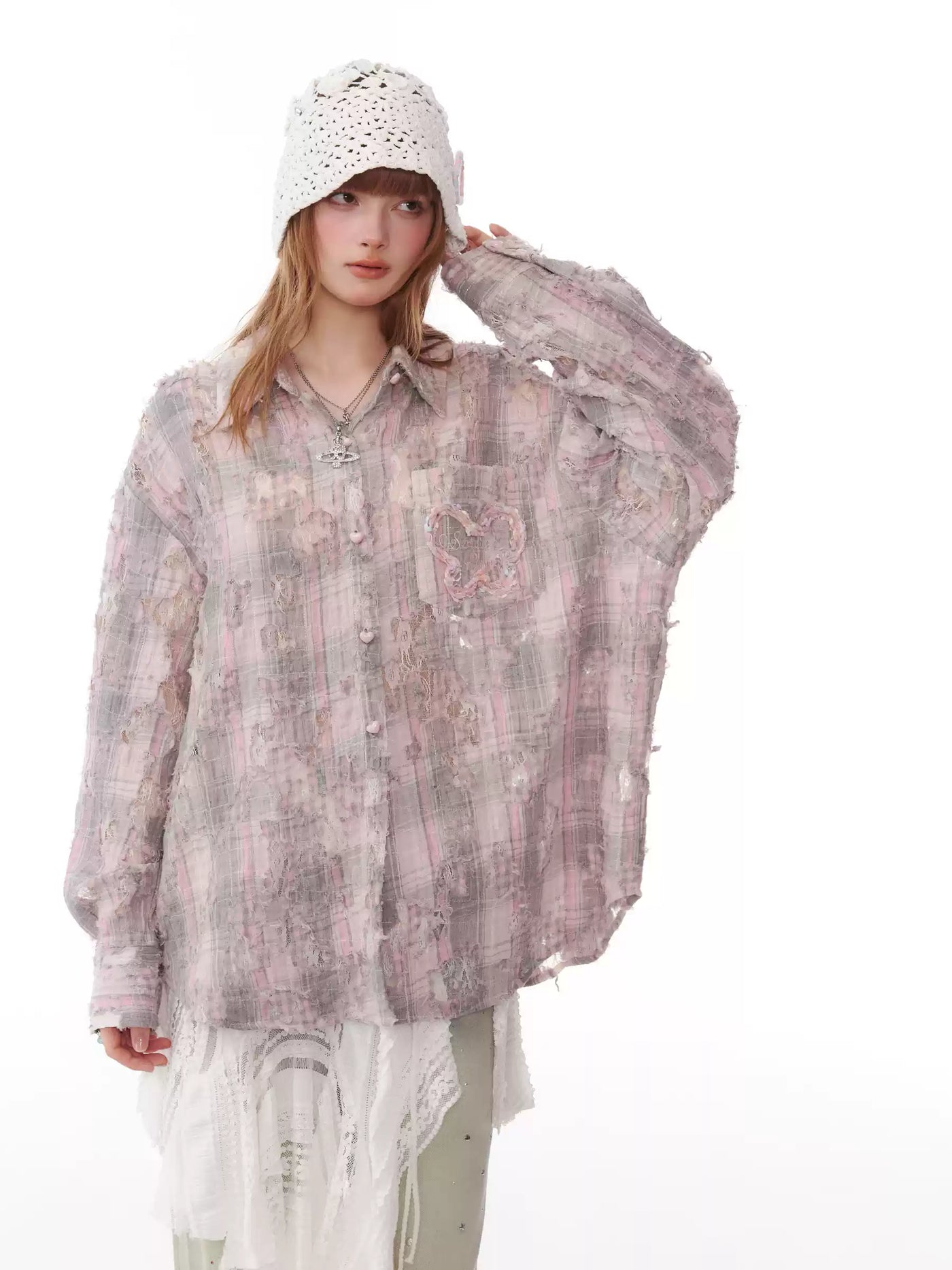 Butterfly Jacquard Pocket Damaged Plaid Loose Shirt ZIZ0161