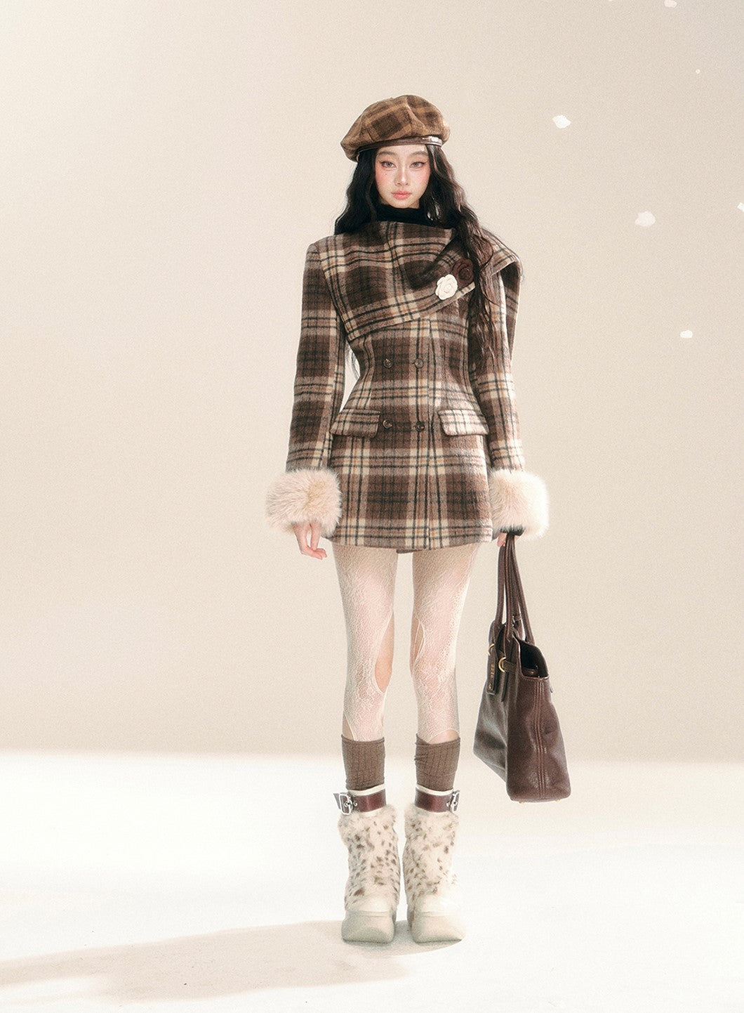 Plaid WoolenSlim Mid-Length Coat DIA0283